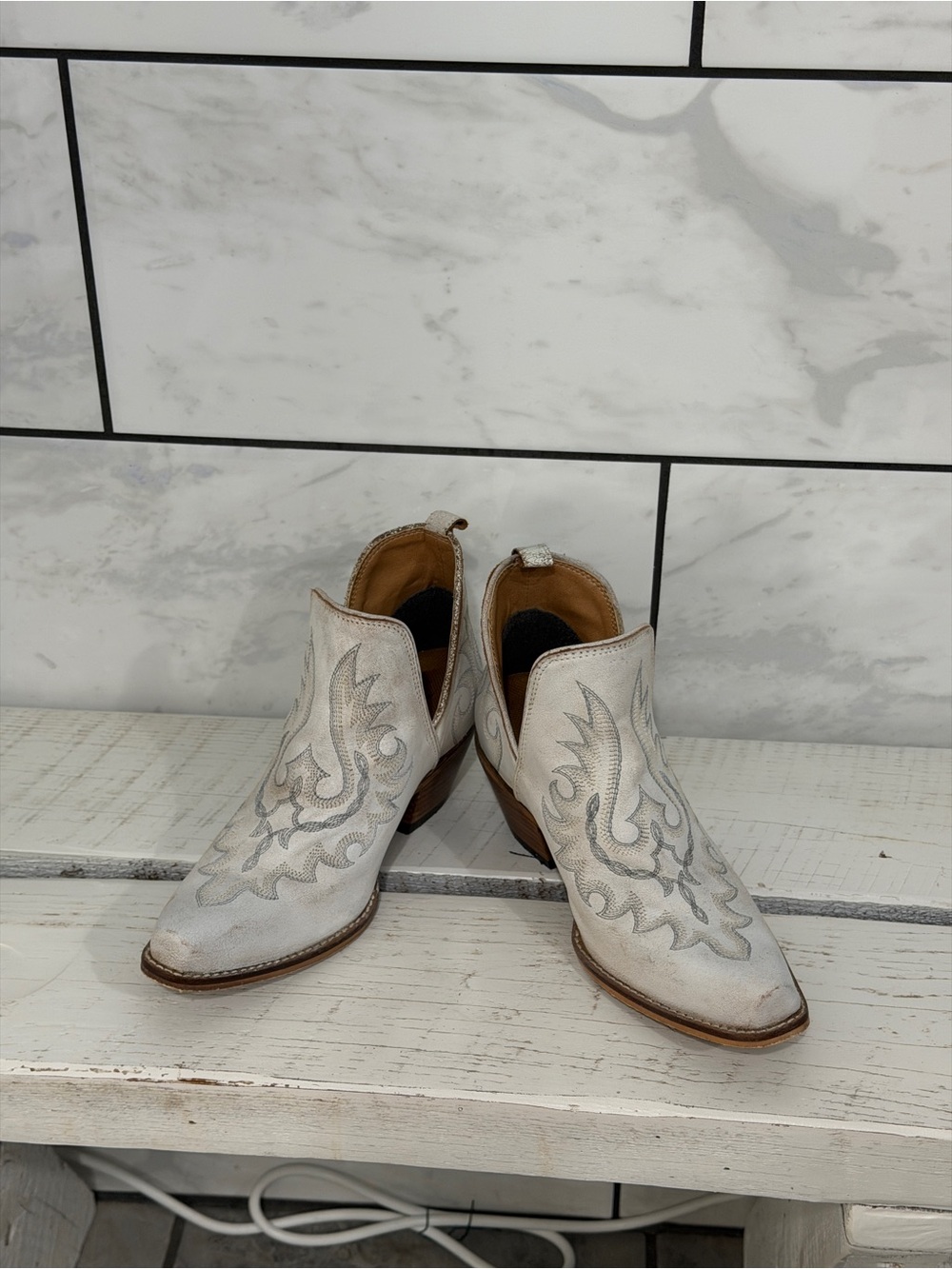 Women’s White Embroidered Western Ankle Boots